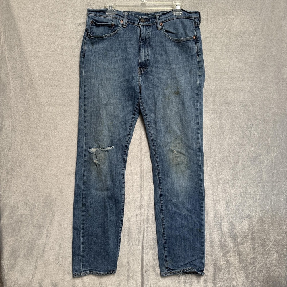 Levis 505 Jeans Mens 36x34 Blue Light Wash Straight Denim Stretch Distressed